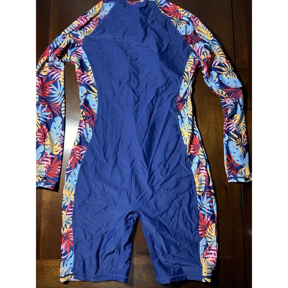 Halcurt Women’s Rash Guard One Piece Swimsuit L Navy Leaves UPF 50+ Built-In Bra - Picture 4 of 14